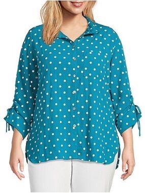 John Mark teal polka dot textured drawstring sleeve button down petite small